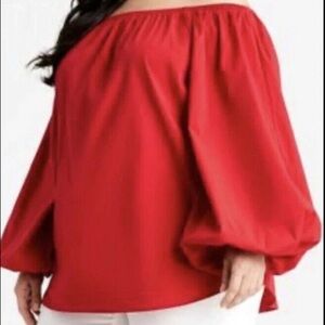 Ashley Stewart Size 14/16 Red Oversized Off Shoulder Balloon Sleeve Women Top